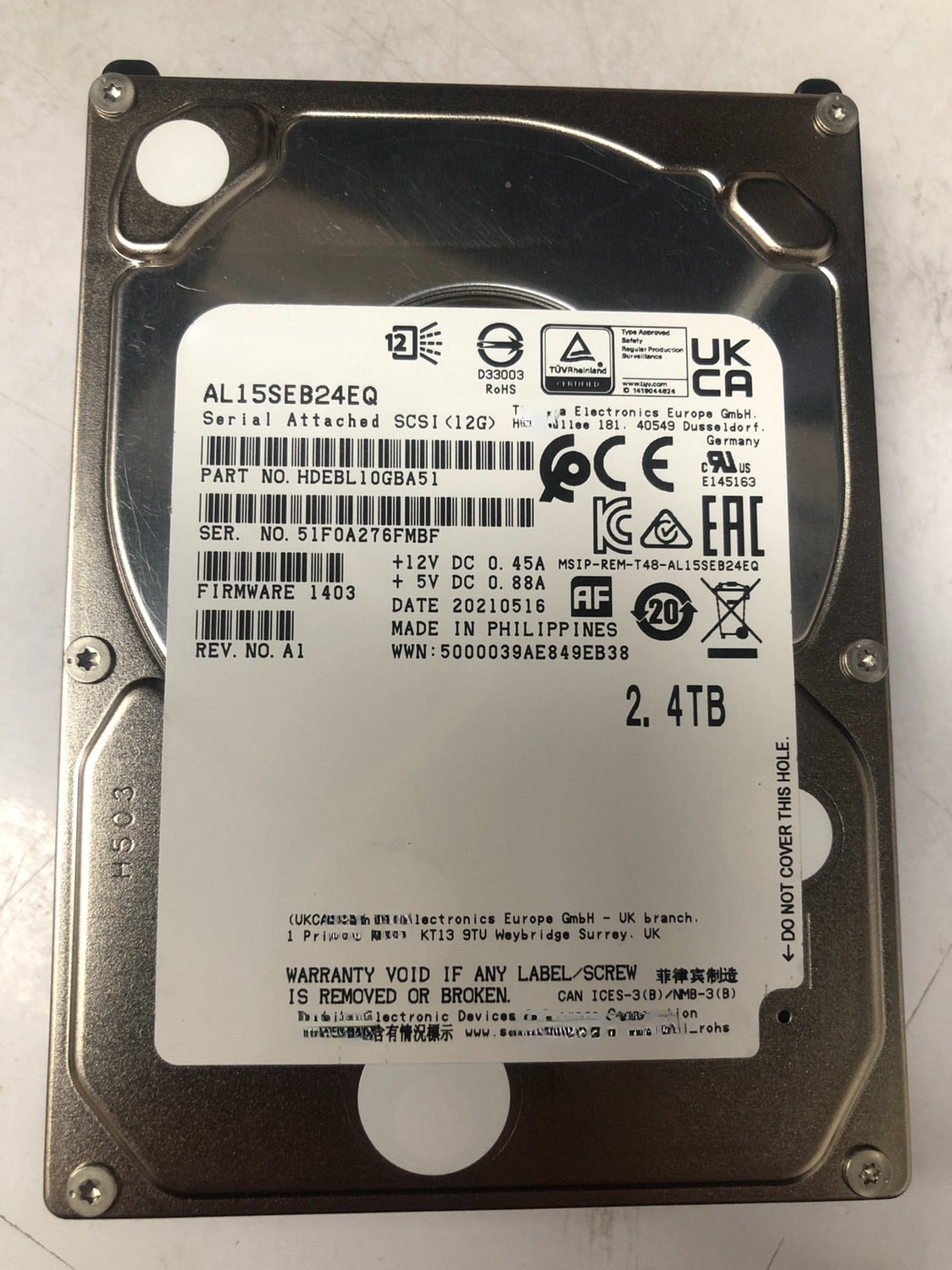 Disque dur de serveur SAS Toshiba AL15SEB24EQ 2,4T 10K 12G