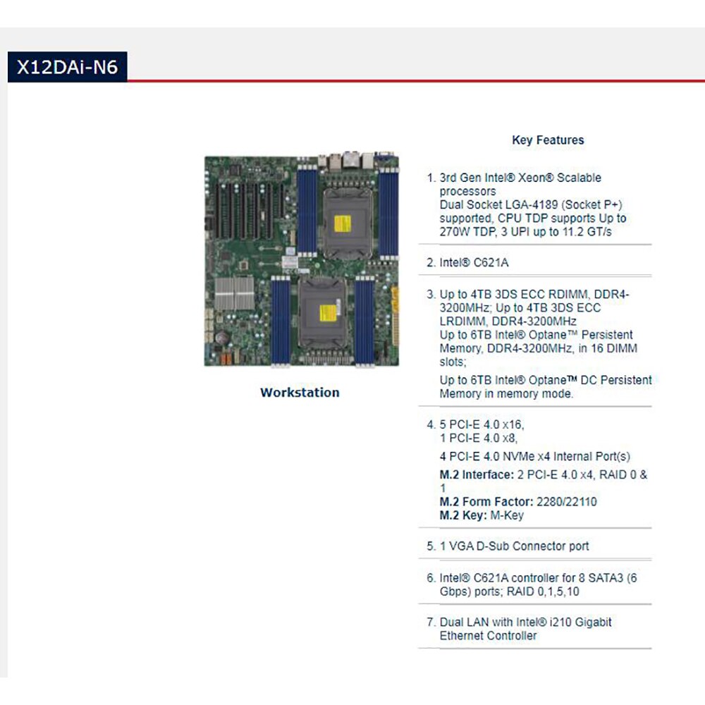 X12DAI-N6 Supermicro Workstation Motherboard LGA-4189 DDR4 3rd Gen Xeon Scalable Processors PCI-E 4.0 M.2 Full Tested Working