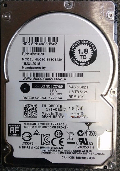 DELL 1.8T 10K 2.5 SAS 6Gb 128M 0RF9T8 HUC101818CS4204 Hard Drives