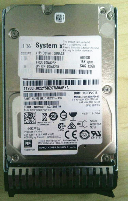 Lenovo 00NA232 600G 15K 2.5 SAS X3650 X3550 X3500 M5 Hard Drives