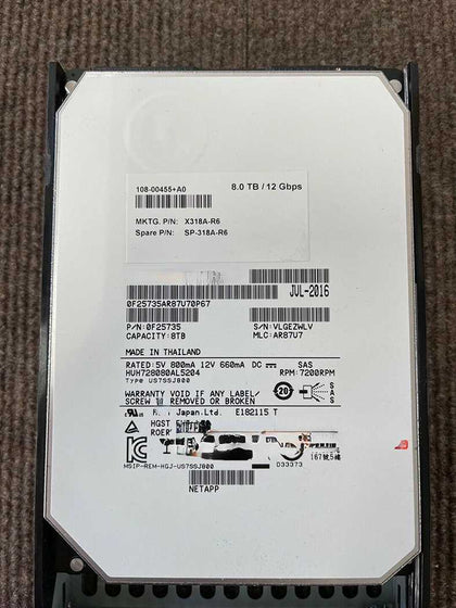 NetApp 8T 7.2K 3.5 SAS X318A-R6 108-00455 DS4246 Hard Drives