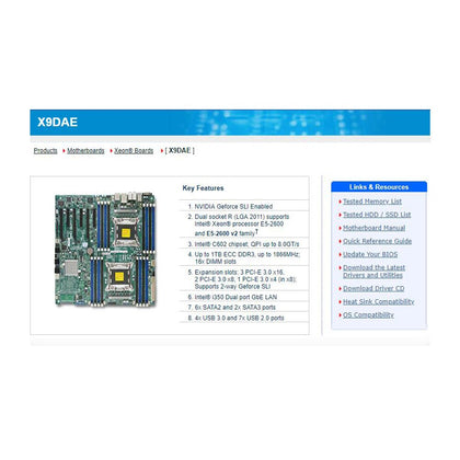 Server Motherboard X9Dae Dual (LGA2011) Support E5-2600 V1/V2 Family ECC DDR3 Supports 2-way Geforce SLI