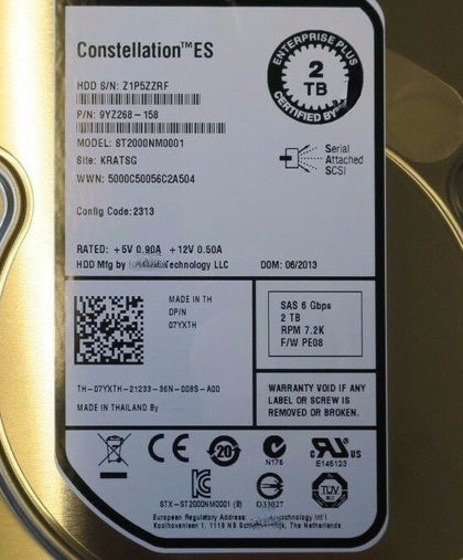 DELL EqualLogic PS6100 2T 7.2K 3.5-inch SAS EQ Hard Drive 07WV9W 07YXTH