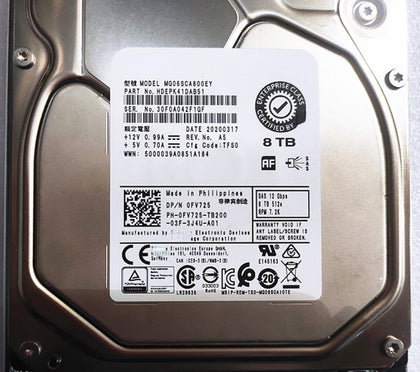 DELL/Toshiba MG06SCA800EY 8T 12G SAS Server Hard Drive 0FV725 R740