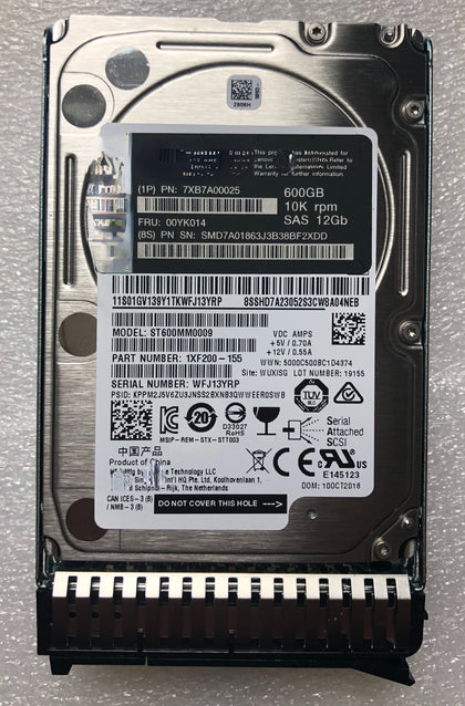 Lenovo 00YK014 600G SAS 12Gb SR530 SR550 SR630 Hard Drive 7XB7A00025