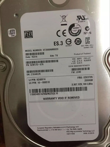 Lenovo 2T SATA 3.5 ST2000NM0033 FRU 03X3795 PN 16006510 Hard Drive