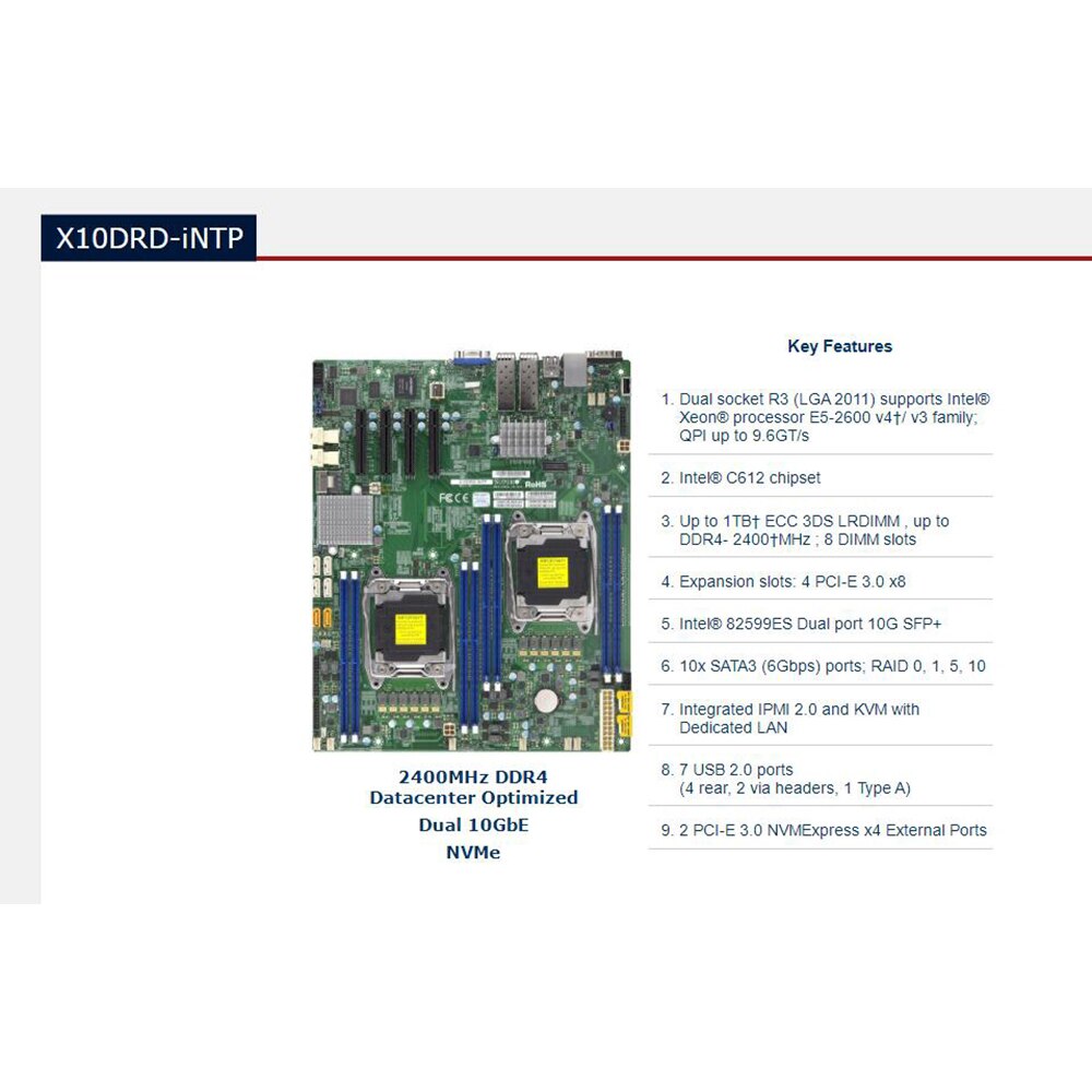 X10DRD-iNTP Motherboard Support E5-2600 V4/V3 Family Processor Dual Port 10G SFP+ LGA2011 DDR4 Full Tested Working